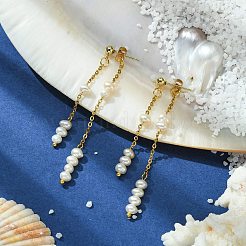 Natural Pearl Beaded Tassel Dangle Stud Earrings&nbsp;EJEW-JE05514-01
