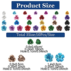 150個 3スタイル アルミ 3D ローズフラワー  小さな金属ビーズ  ミックスカラー  6~14x4.5~14mm  穴：1mm  50個/スタイル&nbsp;FALUM-YW0001-02