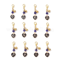 12Pcs 12 Styles Twelve Constellation Alloy Black Enamel with Blue Glass Heart Pendant Decorations&nbsp;HJEW-JM03925