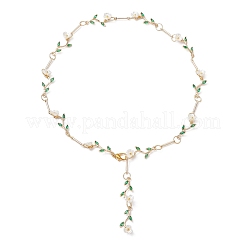 Brass Micro Pave Green Cubic Zirconia & Imitation Pearl Flower Branch Link Chain Necklaces for Women&nbsp;NJEW-JN05309