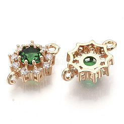 透明ガラスリンクコネクター  金色の真鍮のパーツとクリアなラインストーン  多面カット  花  シーグリーン  16x11x5mm  穴：1.2mm&nbsp;X-GLAA-R212-18B