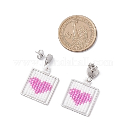 手作りのガラスシードビーズのスクエアとハートのダングルスタッドピアス  ステンレス鋼色  スミレ  33.5x20.5mm&nbsp;EJEW-MZ00559-01