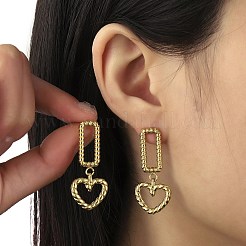 イオンプレーティング（IP）304ステンレススチールダングルスタッドピアス  ハートを付きの矩形  18KGP本金メッキ  39x17mm&nbsp;EJEW-K269-05G