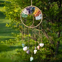 7 Chakra Copper Wire Wrapped Natural Mixed Stone Chips Tree of Life Suncatchers&nbsp;HJEW-F027-08