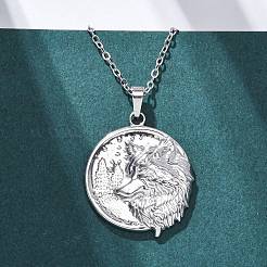 Flat Round with Wolf 304 Stainless Steel Pendant Necklaces&nbsp;NJEW-H059-04P