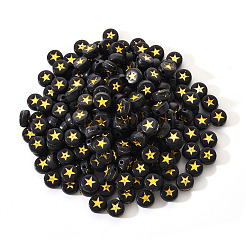 黒の不透明なアクリルビーズ  スターとフラットラウンド  黄金メッキ  7x4mm  穴：1.5mm  約200個/袋&nbsp;PACR-YW0001-04C