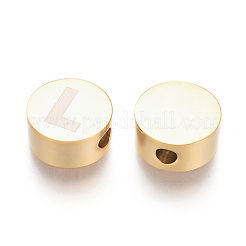304ステンレススチールビーズ  アルファベット付きフラットラウンド  文字L  10x4.5mm  穴：2mm&nbsp;STAS-I126-02G-L