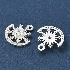 真鍮マイクロパヴェクリアキュービックジルコニアチャーム  月のチャームが付いた雪の結晶  銀  14x13x3.5mm  穴：1.2mm&nbsp;CU-CBAB0CF-15S