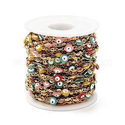 エナメル フラット ラウンド イービル アイ リンク チェーン付き  金メッキ304ステンレス鋼製金具イオンプレーティング（IP）  溶接されていない  スプールで  カラフル  11x6x3mm  8x3x2mm&nbsp;CHS-G021-01G-02