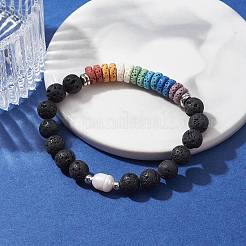 Dyed Natural Lava Rock & Pearl Beaded Strtch Bracelet&nbsp;BJEW-JB10053-01
