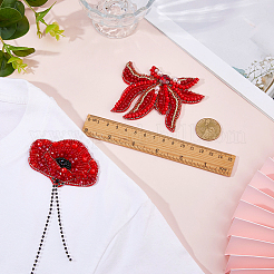 2個 2スタイルの布製裁縫装飾品  花  レッド  70~148x77~90x7~8mm  1個/スタイル&nbsp;DIY-FH0010-18