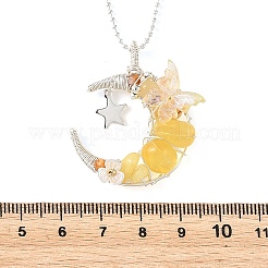 Natural Topaz Jade Wire Wrapped Moon with Acrylic Butterfly Pendant 304 Stainless Steel Ball Chain Necklaces&nbsp;NJEW-TA00266-03