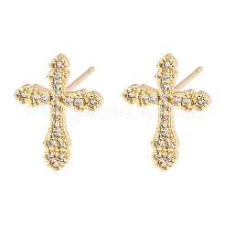 Cross Brass Micro Pave Clear Cubic Zirconia Hoop Earrings&nbsp;EJEW-H178-04G