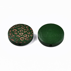 塗装天然木ビーズ  レーザー彫刻模様  ヒョウ柄とフラットラウンド  濃い緑  20x5mm  穴：1.5mm&nbsp;WOOD-T021-49B-05