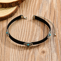 2Pcs 2 Colors Bohemian Alloy & Resin Imitation Turquoise Oval Velvet Choker Necklaces&nbsp;NJEW-CL0001-11