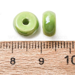 手作りの陶器ビーズ  フラットラウンド  光沢釉の磁器  グリーン  9x5mm  穴：2mm&nbsp;PR-Z001-01C