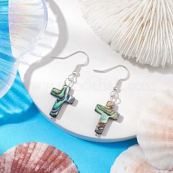 天然アワビ貝/パウア貝のダングルイヤリング  鉄のピアスフックで見つける  銀  クロス  41x13mm&nbsp;EJEW-JE05916-03