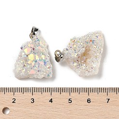 電気メッキされた天然の粗いドゥルージー瑪瑙ペンダント  ステンレススチールカラートーンのナゲットチャーム、ステンレススチール金具  ABカラー  ホワイト  21~30x16.5~27x8~14mm  穴：4.5x3mm&nbsp;G-H084-07P-02