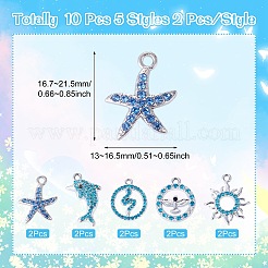 10本5スタイルアロイペンダント  ラインストーン付き  プラチナ  アクアマリン  16.7~21.5x13~16.5mm  2個/スタイル&nbsp;FIND-TADJ0001-26C