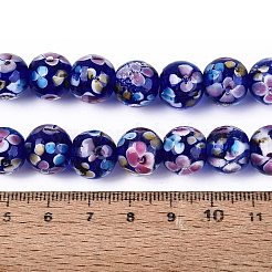 手作りランプワークビーズ連売り  ラウンド  インナー花と  ブルー  11.5~12.5mm  穴：1.2~1.6mm  約30個/連  12.40~13.19インチ（31.5~33.5cm）&nbsp;LAMP-Q041-08B
