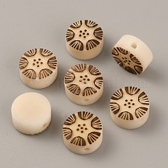 アイボリーナッツビーズ  花の彫刻が施されたフラットラウンド  パパイヤホイップ  12x6mm  穴：1.8mm&nbsp;FIND-WH0033-84