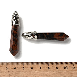 天然マホガニー黒曜石の尖った大きなペンダント  ラックメッキのファセット加工された弾丸チャーム、プラチナメッキの真鍮製金具  56~65x11~11.5x10~10.5mm  穴：4mm&nbsp;G-Z055-01P-03