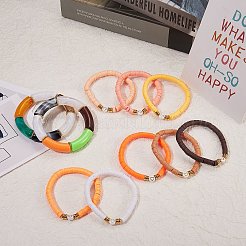 10個10スタイル手作りポリマークレイヘイシビーズストレッチブレスレットハート付き  女性のためのアクリル分厚いカーブチューブブレスレット  オレンジ  内径：2-1/8インチ（5.5cm）&nbsp;BJEW-SW00036-01