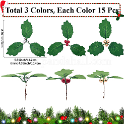 フォームと布製の人工ヒイラギの葉45個  鉄の茎付き  クリスマスリースのアクセサリー  ミックスカラー  60x142x104mm  15個/カラー  3色&nbsp;AJEW-SC0031-52B