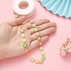 304ステンレススチールデイジーフラワーリンクチェーン（エナメル加工）  溶接されていない  スプールで  ゴールドカラー  カラフル  14x10x1mm  約3.28フィート（1m）/ロール&nbsp;AJEW-CJ0001-22C