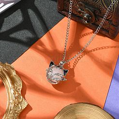 Natural Rose Quartz with Brass Cat Head Pendant Necklaces&nbsp;NJEW-JN04995