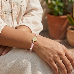 Metal Medals & Natural Rose Quartz Beaded Adjustable Bracelets&nbsp;YO1072