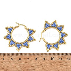 ガラスビーズのフープピアス  太陽  201ステンレススチール製のフープピアス付き  ゴールドカラー  藤紫色  33.5x40.5x2.5mm&nbsp;EJEW-MZ00750-01