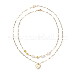 Natural Cultured Freshwater Pearl Rice Beads Brass Heart with Letter Pendant Paperclip Chain Double Layered Necklaces&nbsp;NJEW-JN05378-03