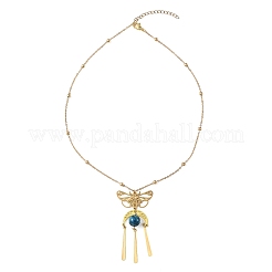Natural Apatite & 201 Stainless Steel Butterfly Tassel Pendant Brass Satellite Chain Necklaces for Women&nbsp;NJEW-TA00251