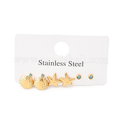 3 Pairs Ocean Series 304 Stainless Steel Starfish & Shell Shape Stud Earrings&nbsp;EJEW-K268-92G