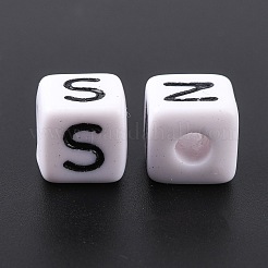 大穴アクリルヨーロピアンビーズ  水平穴  ホワイト＆ブラック  文字付きのキューブ  混成  10x10x10mm  穴：4mm&nbsp;X-SACR-Q103-10mm-01