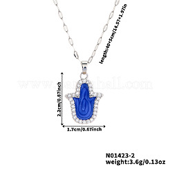 Vintage Brass Pave Clear Cubic Zirconia & Royal Blue Enamel Hamsa Hand Pendant Necklaces for Daily Wear and Holiday Gift&nbsp;CS1559-2
