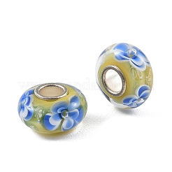 ランプワークと真鍮芯のヨーロピアンビーズ  大穴ビーズ  花とロンデル  淡いチソウ  15x7.5mm  穴：4mm&nbsp;LAMP-P019-01P-11