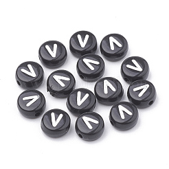 不透明なアクリルビーズ  水平穴  アルファベットスタイル  フラットラウンド  文字.v  7x4mm  穴：1.5mm  約3700個/500g&nbsp;SACR-N002-02V