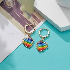 虹色の日本の種を編んだハート ダングル フープ イヤリング  女性のための真鍮のアクセサリー  カラフル  34mm  ピン：1mm&nbsp;EJEW-MZ00004