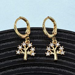 Brass Micro Pave Clear Cubic Zirconia Tree Hoop Earrings&nbsp;EJEW-K267-26G