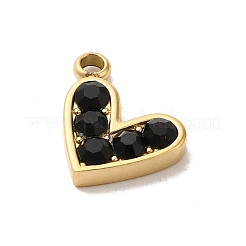 ゴールドトーンの304ステンレススチールラインストーンチャーム  ハート  ジェット  7.5x10x2mm  穴：1.2mm&nbsp;STAS-L025-005G-04