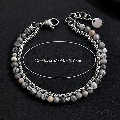 Natural Map Stone Round Beaded 2-Strand Bracelets with 201 Stainless Steel Box Chains for Men Women&nbsp;EI8345-5