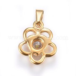304ステンレスペンダント  キュービックジルコニア付き  花  透明  ゴールドカラー  16x13.5x4mm  穴：5x3mm&nbsp;STAS-P216-60G
