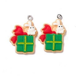 クリスマステーマの不透明樹脂ペンダント  プラチナトーン鉄パーツ  ギフト用の箱  ライムグリーン  29x20x5mm  穴：2mm&nbsp;FIND-E025-07