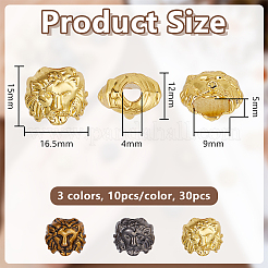 30個 3色合金ヨーロピアンビーズ  大穴ビーズ  ライオン  ミックスカラー  15x16.5x12mm  穴：4mm＆9x5mm  10個/カラー&nbsp;FIND-OC0013-99