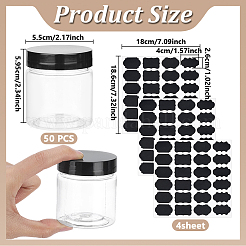 蓋付きプラスチック丸型透明瓶50個  コラム  紙絵シール4枚付き  ブラック  5.5x5.95cm&nbsp;CON-DR0001-12