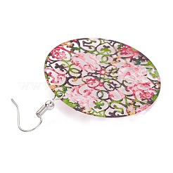 Spray Painted Stainless Steel Flat Round with Flower Dangle Earrings&nbsp;EJEW-I256-13P