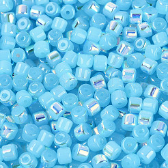 Fgb模造翡翠色ガラスシードビーズ  虹メッキ  丸い穴  バレル  ディープスカイブルー  4x3.5mm  穴：0.9~1mm  約3750個/ポンド&nbsp;SEED-Q040-07A-C05
