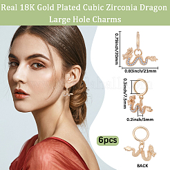 6個真鍮マイクロパヴェクリアキュービックジルコニアペンダント  ドラゴンチャーム  18KGP本金メッキ  20mm  穴：7.5mm&nbsp;KK-BBC0018-93